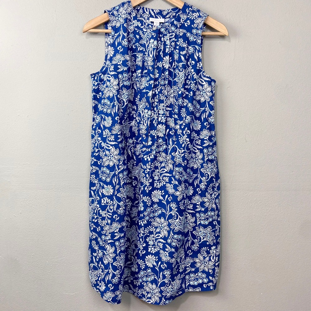 J.Jill‎ Love Linen Floral Dress Size XS Petite Blue Boho Coastal Casual Summer